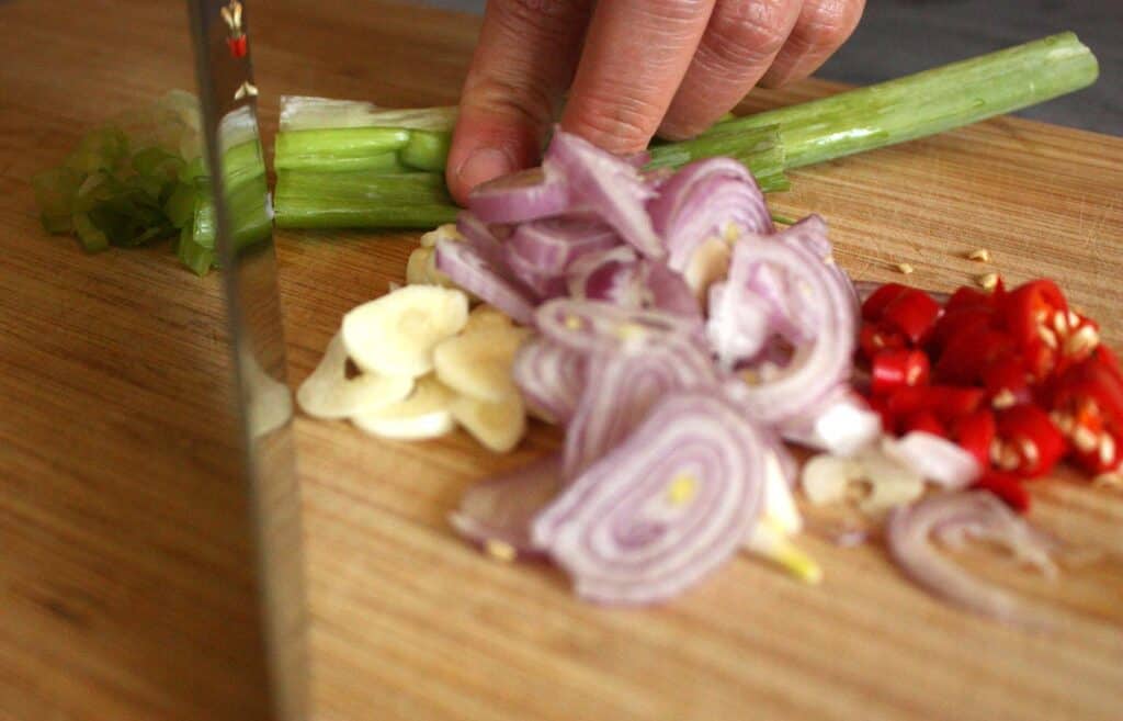 Green onions being chopped
