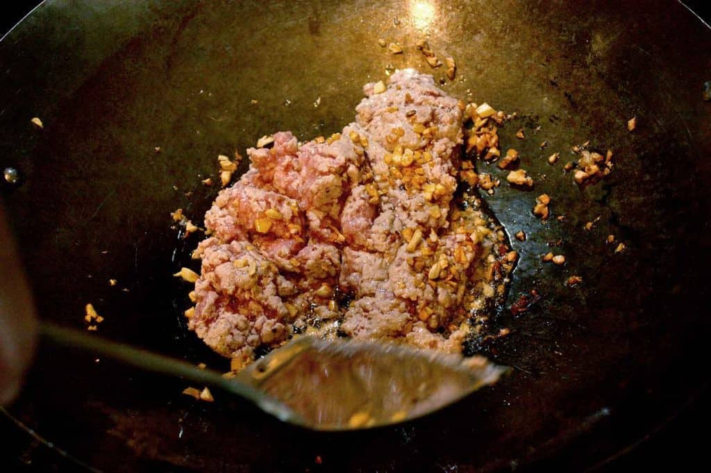 butternut squash stir fry ground pork in wok